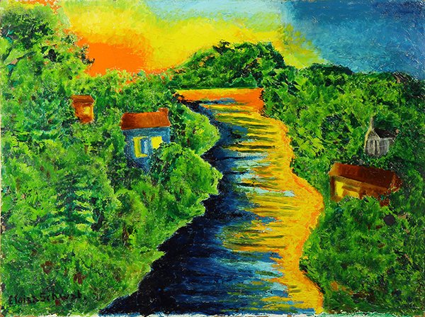 Paintings, Red Barn in the Woods & Sunset on the River: (lot of 2) Red Barn in the Woods & Sunset on the River, oils on masonite, each signed "Eloise Schwab" lower left, boards (each unframed): 18"h x 24"w