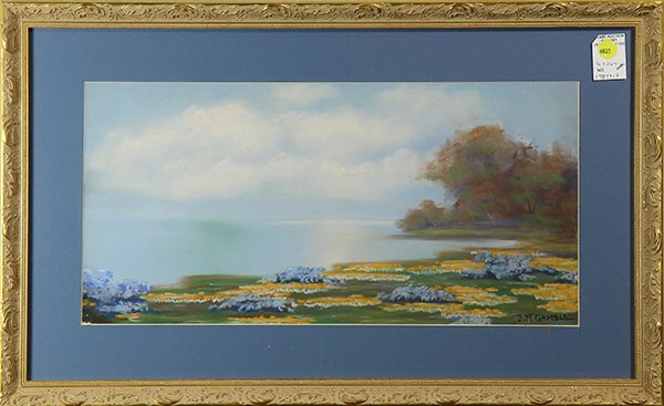 Pastel, Manner of John Marshall Gamble: Manner of John Marshall Gamble (American, 1863-1957), California Lake Morning, pastel, bears signature lower right, overall (with frame): 16"h x 26"w