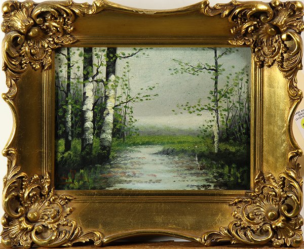 Painting, Birches by a Stream: Birches by a Stream, oil on canvas, signed indistinctly lower left, 20th century, overall (with frame): 14"h x 17"w