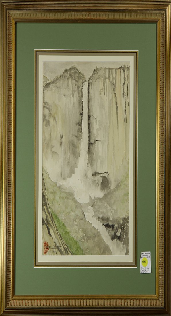 Painting, Harvey Wilder Bentley: Harvey Wilder Bentley (American 1900-1989), "Spring Flood, Great Yosemite Falls and Cataract from Trail to Top," 1965, watercolor, signed, dated and stamped lower left, overall (with frame): 16"h x 10