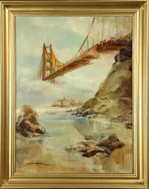 Painting, View of Baker Beach and the Golden Gate: Jane Burham (American, 20th century), View of Baker Beach and the Golden Gate Bridge, oil on board, signed lower left, overall (with frame): 28.5"h x 22.5"w