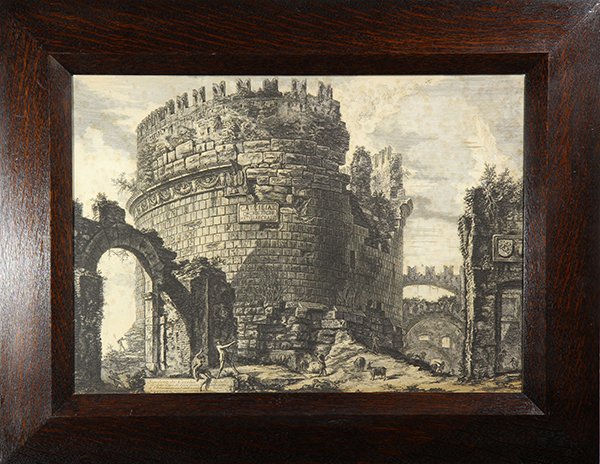Print by Giovanni Battista Piranesi: Giovanni Battista Piranesi (Italian, 1720-1778), Sepolcro di Cecilia Metella (from Vedute de Roma), etching, titled within plate, overall (framed): 26"h x 33"w