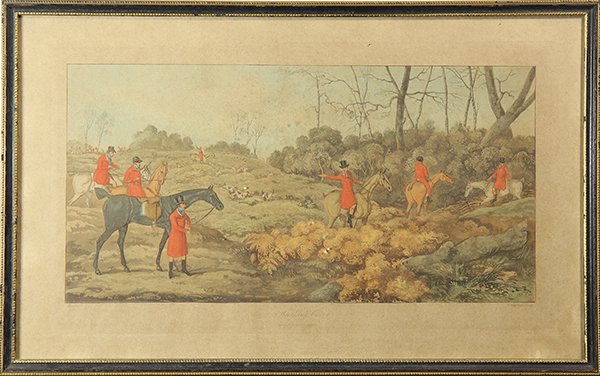 Print by Thomas Sutherland after Henry Alken: Thomas Sutherland (British, c.1785-c.1820), "Breaking Cover," 1821, engraving with hand-coloring, after a painting by Henry Alken, overall (framed): 13"h x 20"w
