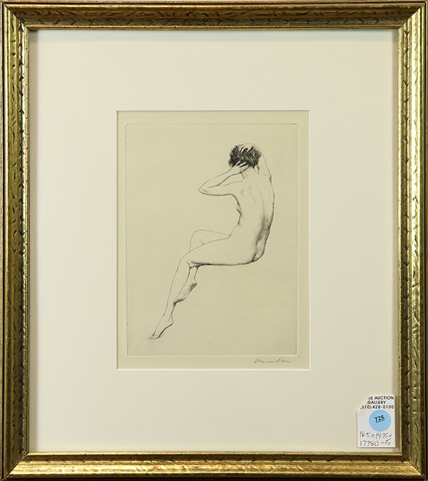 Print by Warren B. Davis: Warren B. Davis (American, 1865-1928), Female Nude, drypoint etching, pencil signed lower right, plate mark: 8"h x 6"w, overall (with frame): 16.25"h x 14.5"w