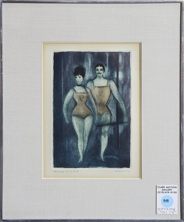 Print by Emilio Grau Sala: Emilio Grau Sala (Spanish, 1911-1975), The Dancers, color etching, pencil signed lower right, edition AP, overall (framed): 13.5"h x 11.25"w. Provenance: Laddie Delaplane, wife of Stanton Delaplane of