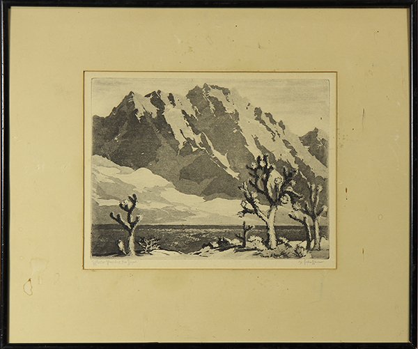 Print, Orpha Mae Klinker: Orpha Mae Klinker (American, 1891-1964), "Winter Touches the Desert," c. 1938, aquatint, pencil signed lower right, titled lower left, label with information on the print affixed verso, overall (frame