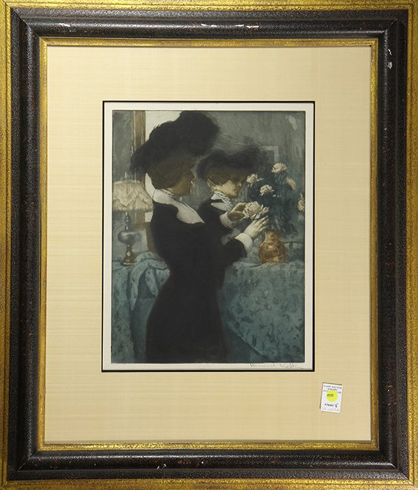 Print, Manuel Robbe: Manuel Robbe (French, 1872-1936), Woman Arranging Flowers, color etching with aquatint, pencil signed lower right, image: 16"h x 12.5"w, overall (framed): 32"h x 27.5"w