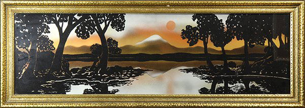 Glass Painting, Mountain Reflection on the Lake at Dusk: American School (20th century), Mountain Reflection on the Lake at Dusk, oil and airbrush on glass, unsigned, overall (framed): 15.5"h x 43.5"w