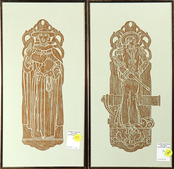 Rubbings of Spanish Missionaries: (lot of 4) American School (20th century), "Father Junipero Serra," "Jose Castro," "John Drake Sloat," and "Don Gasparde Portola," brass rubbings, overall (framed/each): 16"h x 8"w