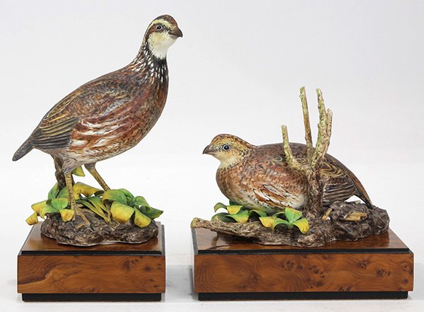 (lot of 2) Royal Worcester limited edition figural: (lot of 2) Royal Worcester limited edition figural groups depicting a male and female Bob-White Quail, executed in polychrome porcelain and modelled by Ronald van Ruyckevelt, each resting on a custom 