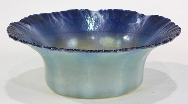 Tiffany Studios: Tiffany Studios, New York, favrille bowl, the ruffled rim having an onion skin above an opalescent glass base, marked "5-1799 L.C. Tiffany - Inc., Favrille", and retains label "Tiffany Favrille Glass,