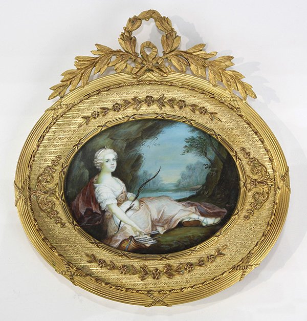 Miniature painting of the Goddess Diana as 'the: Miniature painting of the Goddess Diana as 'the huntress', late 19th century, the goddess lounges near a lake side wearing a crescent moon diadem, diaphanous gown, and sandals, she carries a bow and t