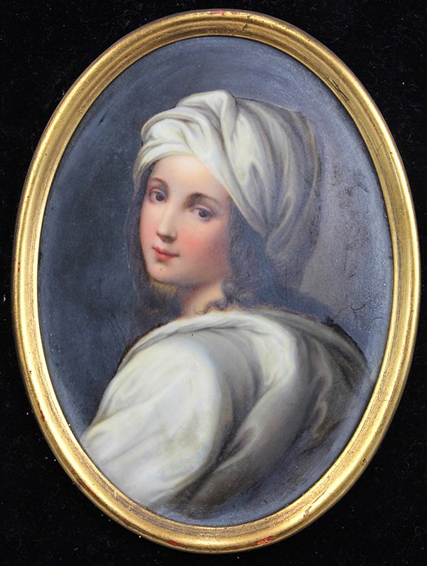 Continental hand painted porcelain plaque: Continental hand painted porcelain plaque, 19th century, depicting a three quarter length view of a young girl in a headdress, after the 'Portrait of Beatrice Cenci' by Guido Reni, held in a gilt oval