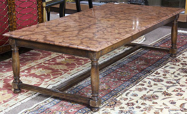 Georgian style low table, executed in stained: Georgian style low table, executed in stained fruitwood, having a rectangular variegated marble top, and rising on baluster turned legs, 18"h x 58"w x 30"d; Provenance: From the Pebble Beach, CA estat