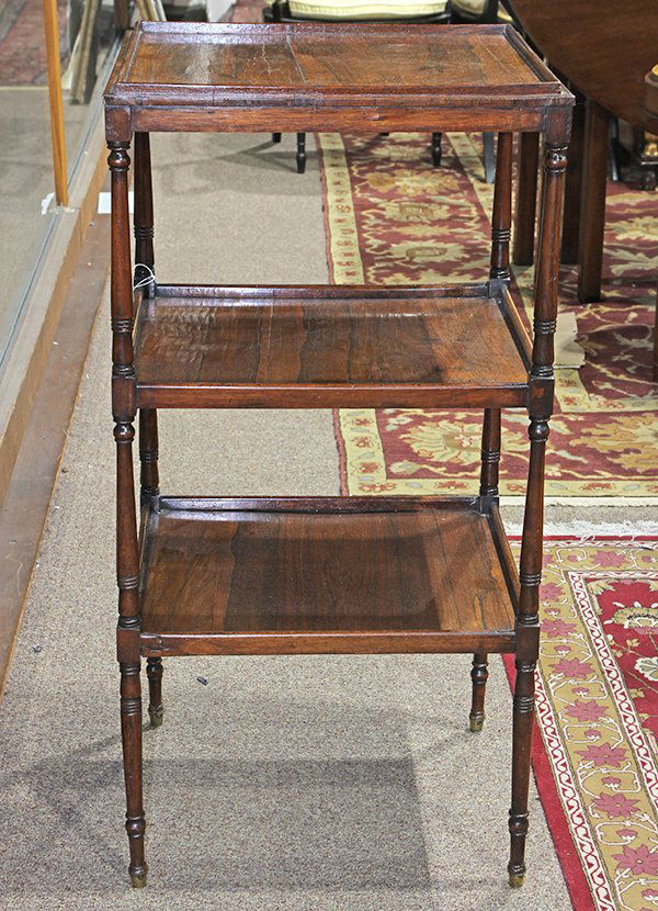 Regency rosewood three tier etagere, early 19th: Regency rosewood three tier etagere, early 19th century, having a rectangular top, above two lower tiers with turned supports, 33.5"h x 17"w x 15.5"d. Provenance: From the Ligonier, PA estate of Richa