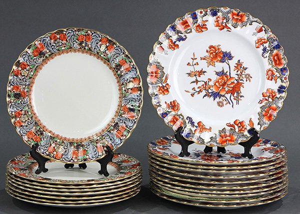 (lot of 18) Copeland Spode porcelain service plates,: (lot of 18) Copeland Spode porcelain service plates, consisting of eleven Imari style, each having a fluted edge, and decorated with iron and cobalt flowers, 10.5"; together with seven "Abdul" pattern