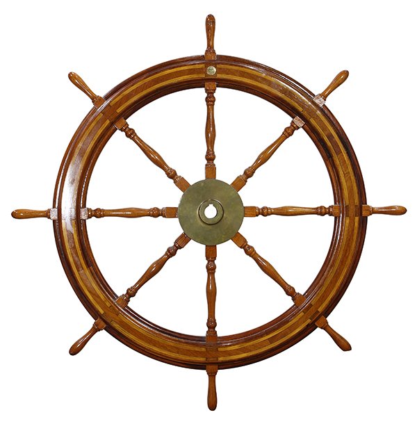 Inlaid ship's wheel: Inlaid ship's wheel, 19th century, executed in cherry, maple, and bronze and having eight turned spokes continuing to the bronze hub, with an engraved brass tag reading 'American Engineering Co. Phil.