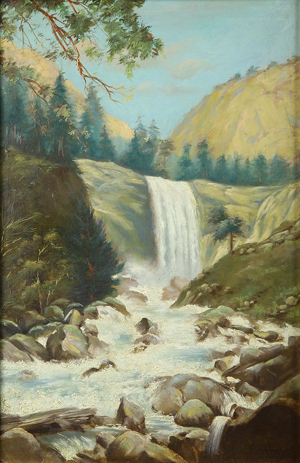 Painting, Frederick Schafer: Frederick Schafer (American, 1839-1927), Springtime, Sierras, oil on board, signed lower right, board: 18"h x 12"w, overall (with frame): 27.5"h x 21.5"w