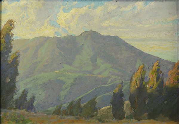Painting, Clyde Eugene Scott, Afternoon Tamalpias: Clyde Eugene Scott (American, 1884-1959), "Afternoon Tamalpias," oil on board, signed lower left, titled verso, board: 9.5"h x 13.5"w, overall (with frame): 12"h x 16"w