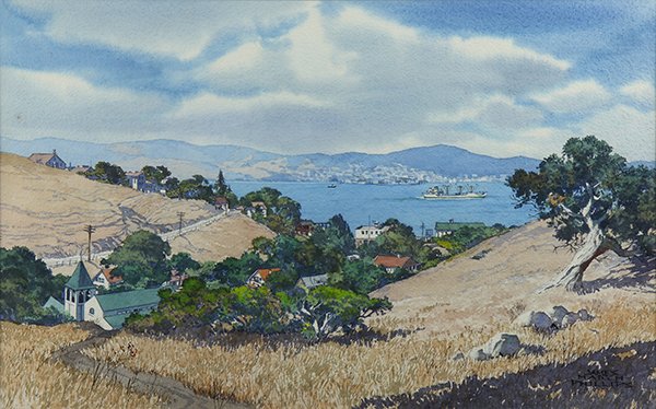Watercolor, James March Phillips: James March Phillips (American, 1913-1981), "Midsummer Landscape, Port Costa," watercolor, signed lower right, gallery title label (Maxwell Galleries, San Francisco) affixed verso, sight: 14.5"h x 23"