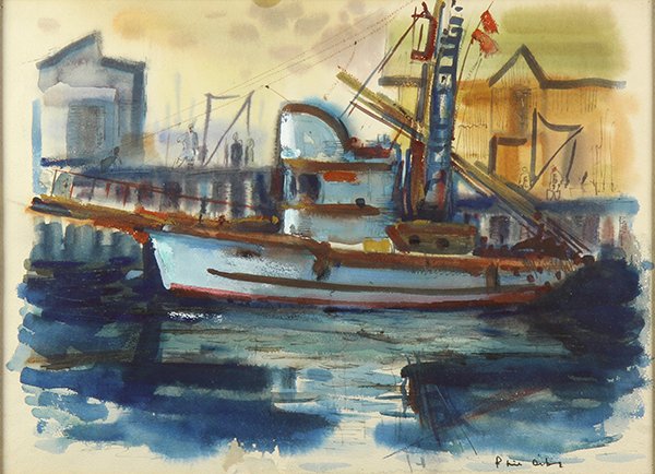 Watercolor, Phil Latimer Dike: Phil Latimer Dike (Californian, 1906-1990), Fishing Boat at the Dock, watercolor and gouache on paper, signed lower right, sight: 10.5"h x 14.5"w, overall (with frame): 20.5"h x 26.5"w