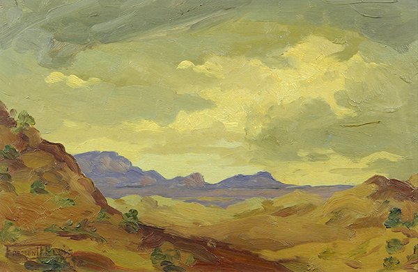 Painting, Fremont Ellis: Fremont F. Ellis (American, 1892-1961), Sunset on the Plains, 1918, oil on board, signed and dated lower left, board: 8"h x 12"w, overall (with frame): 11.5"h x 15.5"w