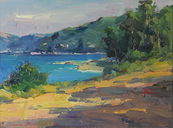 Painting, Ovanes Berberian: Ovanes Berberian (American/Armenian, b. 1951), "Thassos Greece," oil on board, signed lower right, signed and titled verso, board: 12"h x 16"w, overall (with frame): 22"h x 25.75"w