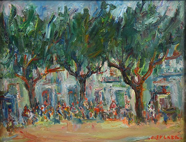 Painting, Jacques Zucker: Jacques Zucker (American, 1900-1981), "Square in Collione," oil on board, signed lower right, board: 10.75"h x 14"w, overall (with frame): 19.5"h x 22.5"w