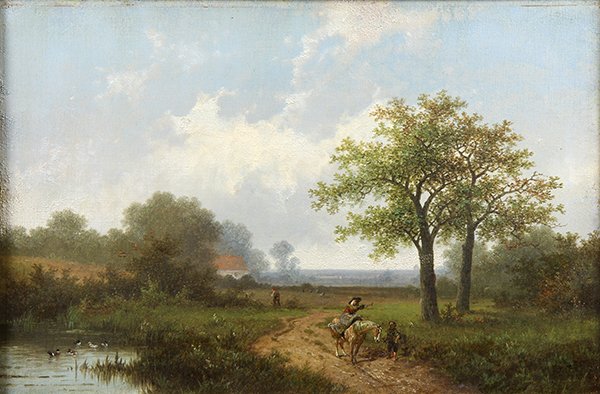 Painting, Hendrik Pieter Koekkoek: Hendrik Pieter Koekkoek (Dutch, 1843-1890) "Traveller in a Landscape," oil on canvas, signed lower right, canvas: 12"h x 18"w, overall (with frame): 20.5"h x 26.25"w