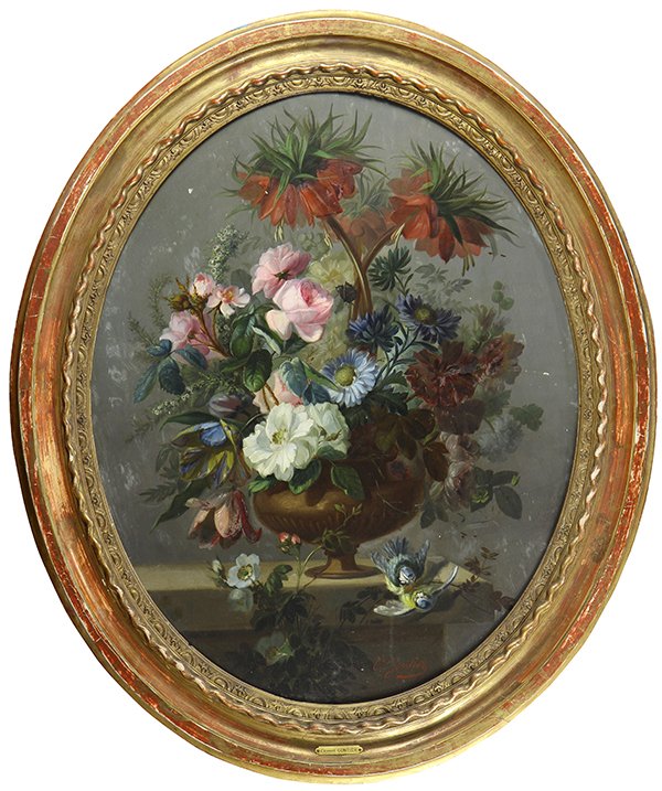 Painting, Clement Gontier: Clement Gontier (French, 1876-1918), Still Life with Flowers and Birds, oil on canvas, signed lower right, canvas (oval): 32"h x 25"w, overall (with frame): 39.5"h x 33"w. Provenance: Property from th