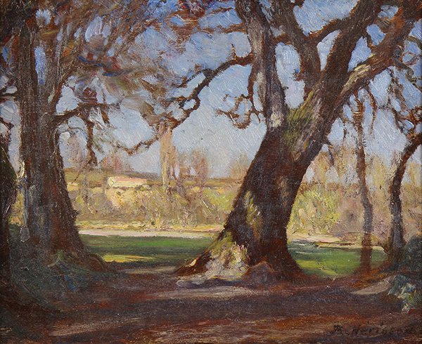 Painting, Henri Robert Herisson: Henri Robert Herisson (French, b. 1882), Untitled (Landscape with Trees), oil on board, signed "R. Herisson" lower right, board: 11.5"h x 14"w, overall (with frame): 18.25"h x 20.5"w