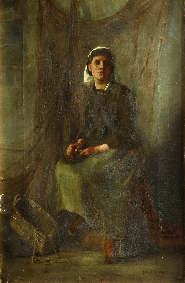 Painting, Sally M. Cory: European School (19th century), Seated Woman with Basket, oil on canvas, signed "Sally M. Cory" lower right, canvas: 11.5"h x 17.5"w, overall (with frame): 28"h x 22"w