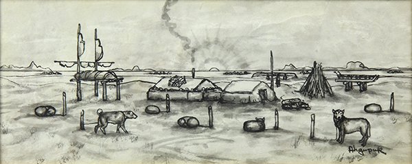 Drawings, George Twok Angupuk: (lot of 2) George Twok Angupuk (Alaskan, 1911-2001), "Moose Skin," and Wolves at Sunrise, ink on paper, each signed lower right, sights: 3.75"h x 9.75"w, largest overall (with frame): 8"h x 13.5"w