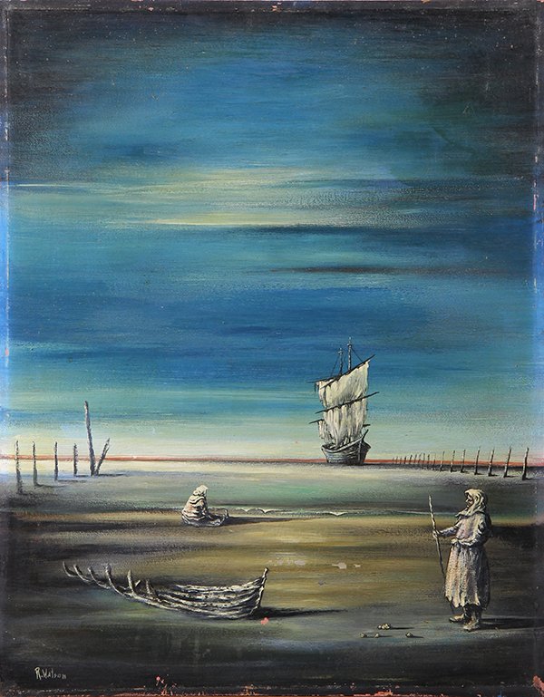 Painting, Robert Watson: Robert Watson (American, 1923-2004), Seas Edge, oil on board, signed lower left, board (unframed): 24"h x 19"w