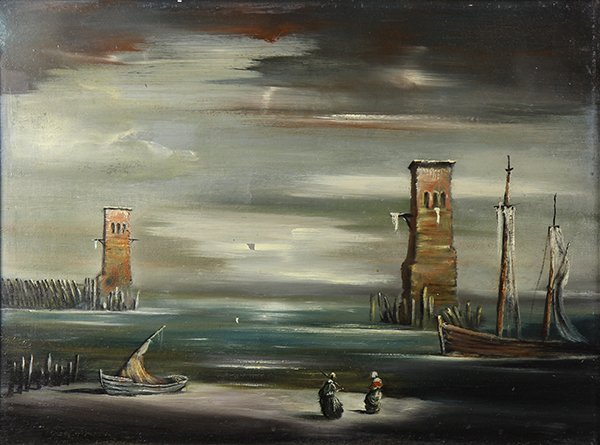 Painting, Robert Watson: Robert Watson (American, 1923-2004), Women at the Port Mouth, oil on canvas, canvas: 19.5"h x 26"w, overall (with frame): 26.5"h x 33"w