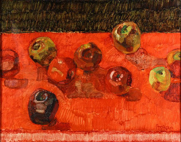 Painting, John R. Asaro: John R. Asaro (American, b. 1937), Untitled (Apples on a Table), oil on canvas, signed lower right, canvas: 22"h x 28"w, overall (with frame): 30"h x 35.5"w