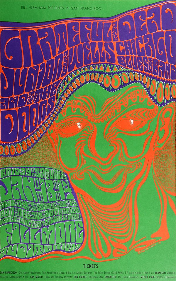 Bill Graham Vintage Rock Poster, BG-45, Grateful: Wes Wilson (American, b. 1937), "Grateful Dead, Junior Wells, Chicago Blues Band, Grateful Dead, and the Doors," 1967, Bill Graham Presents at the Fillmore vintage lithographic rock poster in colors, 
