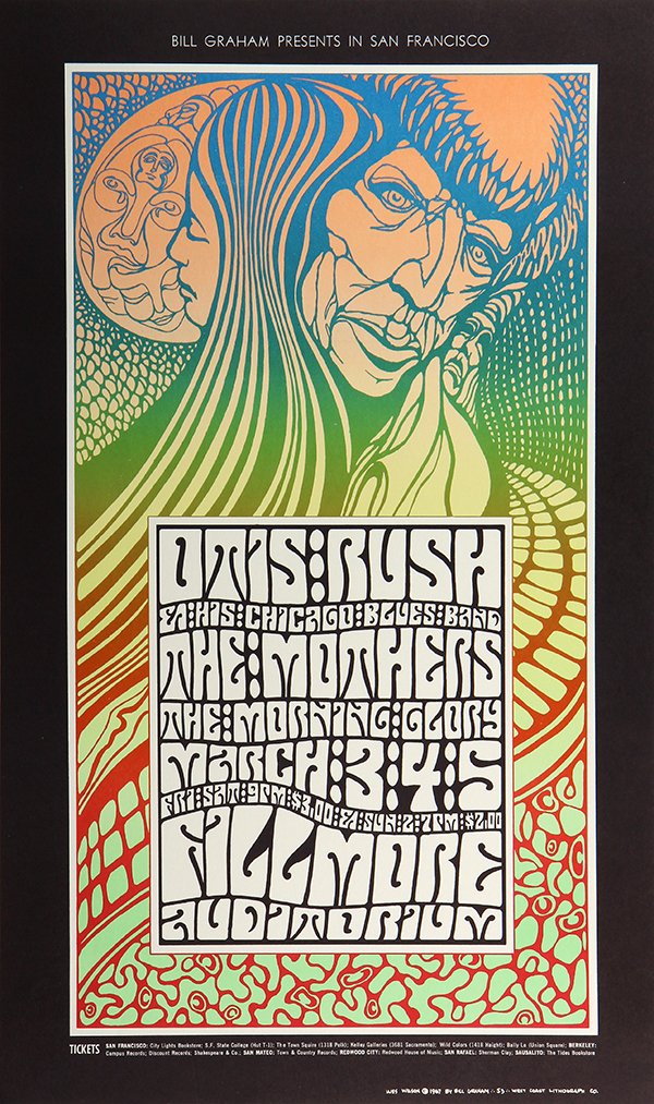 Bill Graham Vintage Rock Posters, BG-53 and BG-57, The: (lot of 2): Wes Wilson (American, b.1937), "Otis Rush and His Chicago Blues Band, The Mothers, and The Morning Glory", 1967, Bill Graham Presents at the Fillmore Auditorium vintage lithographic rock p
