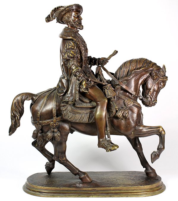 Bronze, Louis Marie Moris: Louis Marie Moris (French, 1818-1883), "François 1er à cheval," bronze, signed lower center base, (repaired arm) 32"h x 35"w x 14.5"d. Provenance: Property from the Carnelian Room (San Francisco, Ca