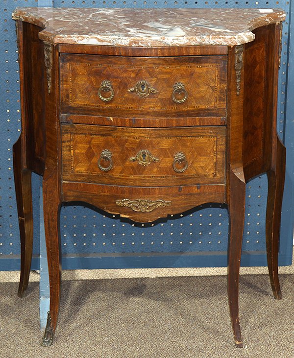 Pair of Louis XV style tables de nuit: Pair of Louis XV style tables de nuit, each having a variegated marble top, above the inlaid two drawer case with ormolu mounts, and rising on cabriole legs, 29"h x 25.5"w x 14"d