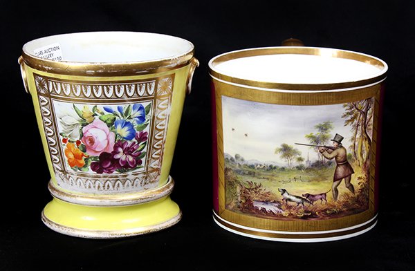 (lot of 2) English hand painted porcelain group,: (lot of 2) English hand painted porcelain group, consisting of a handled mug, having a gilt border, surrounding a central reserve depicting a hunting scene, on a maroon ground; together with a jardini