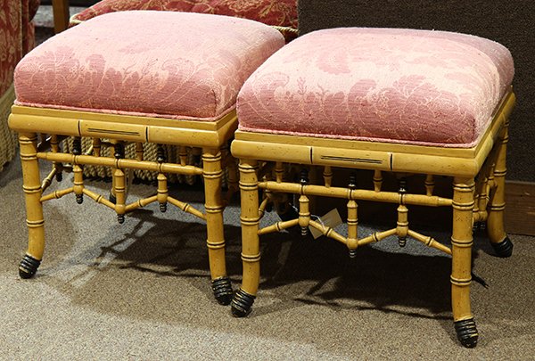 Pair of Edwardian style stools: Pair of Edwardian style stools, each having a pink damask rest, above the partial ebonized faux bamboo openwork base, rising on outswept legs, 21"h x 18"dia. Provenance: From the Ligonier, PA estate o