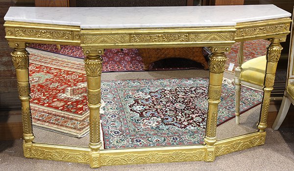 American Aesthetic Movement pier table, circa 1880, the: American Aesthetic Movement pier table, circa 1880, the shaped carerra marble top surmounting the giltwood frame accented with floral reserves flanking the mirrored panels, and rising on a molded base