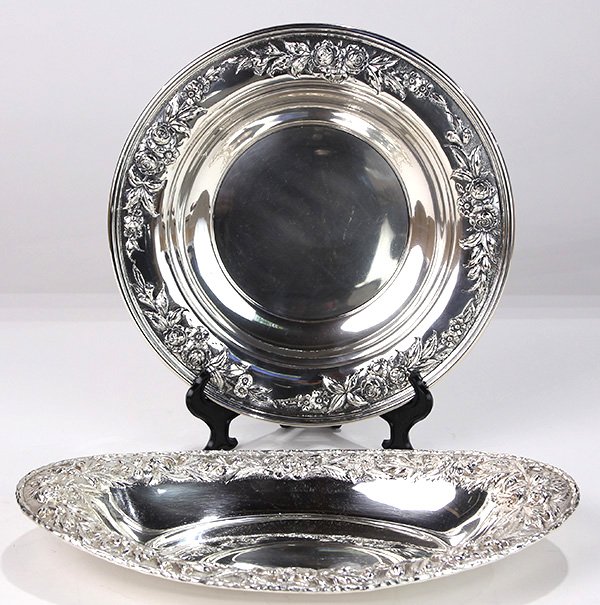 S. Kirk & Son hand-decorated sterling silver: (lot of 2) S. Kirk & Son hand-decorated sterling silver hollowware consisting of a "Repousse" pattern bread tray and a "Baltimore Rose" pattern bowl, 24.11 troy oz.