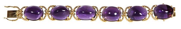 Verdura amethyst pebble and 18k yellow gold bracelet: Verdura amethyst pebble and 18k yellow gold bracelet featuring an 18k yellow gold rope design set with (6) baroque shaped cabochon amethysts, signed Verdura, 7", weighs 72.2 grams Accompanied by a Ver