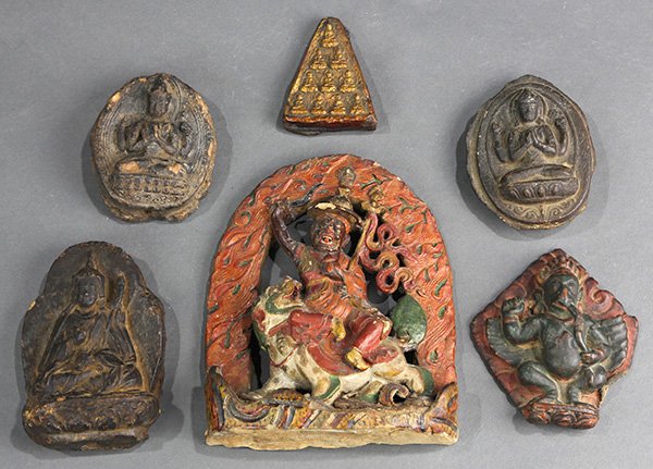 Six Himalayan Buddhist Figures: (lot of 6) Himalayan Buddhist figures, consisting of two bodhisattva; one abbot; a polychrome Garuda; a triangle with ten gilt Buddhas; together with a polychrome sculpture of Dorje Shugden mounted on