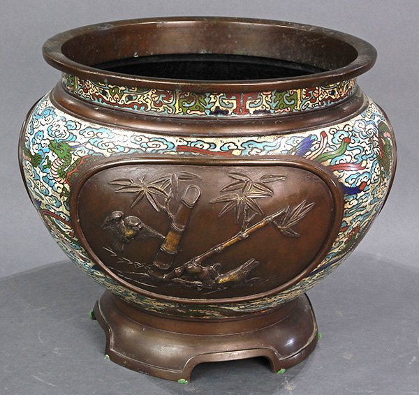 Japanese Large Enameled Champleve and Bronze Censer: Japanese large champleve cloisonne with patinated bronze censer, everted rim above the short neck and bulbous body, green dragons and colorful phoenix amid white/blue clouds on a white ground, three c