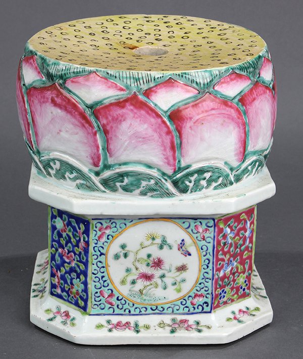 Chinese Lotus Porcelain Pedestal: Chinese enameled porcelain pedestal, in the form of a lotus blossom, raised on a base decorated with bird-and-flower reserves on a turquoise ground, 8.5"h