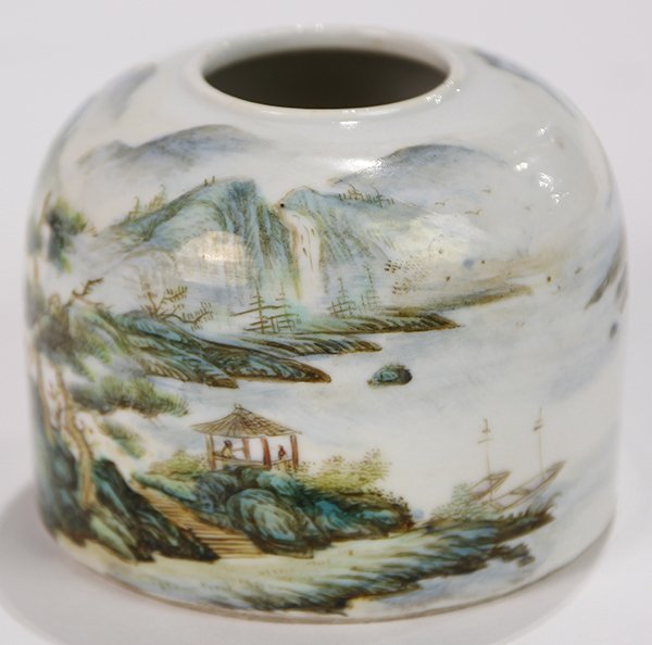 Chinese Porcelain Brush Washer: Chinese enameled porcelain brush washer, of dome form decorated with a mountain and water landscape, the shoulder with a title, inscribed with cyclical date 'renchen' and bearing signature 'Zou Guojun