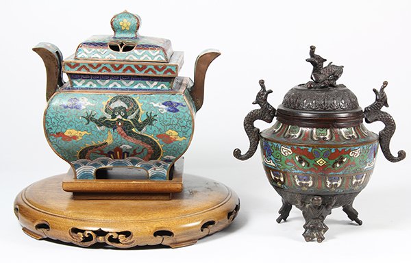Chinese Cloisonne/Champleve Censers: (lot of 2) Chinese cloisonne enameled covered censer, of square section with stylized lotus on a turquoise ground, raised on four supports, with wood stand, 8.5"w; together with a champleve censer wit